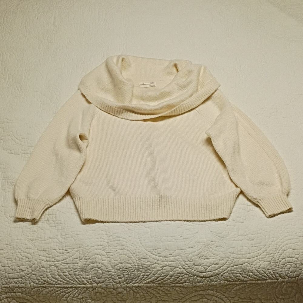 Anthropologie Womens L Cowl Neck Knit Sweater Cream Ivory Soft Balloon Sleeve